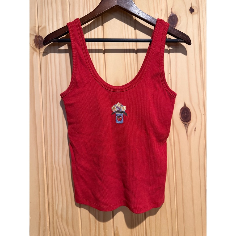 Abercrombie & Fitch Bra-Free Red Ribbed Embroidered Floral Tank Top Large